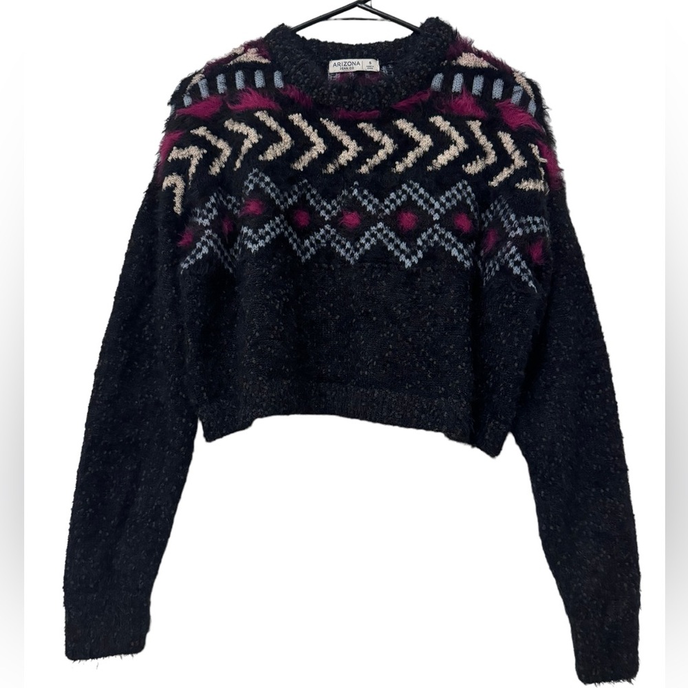 Arizona Jean Fuzzy Cropped Sweater Knit Black & Grey Long Sleeve Sz Small Junior - Picture 2 of 9